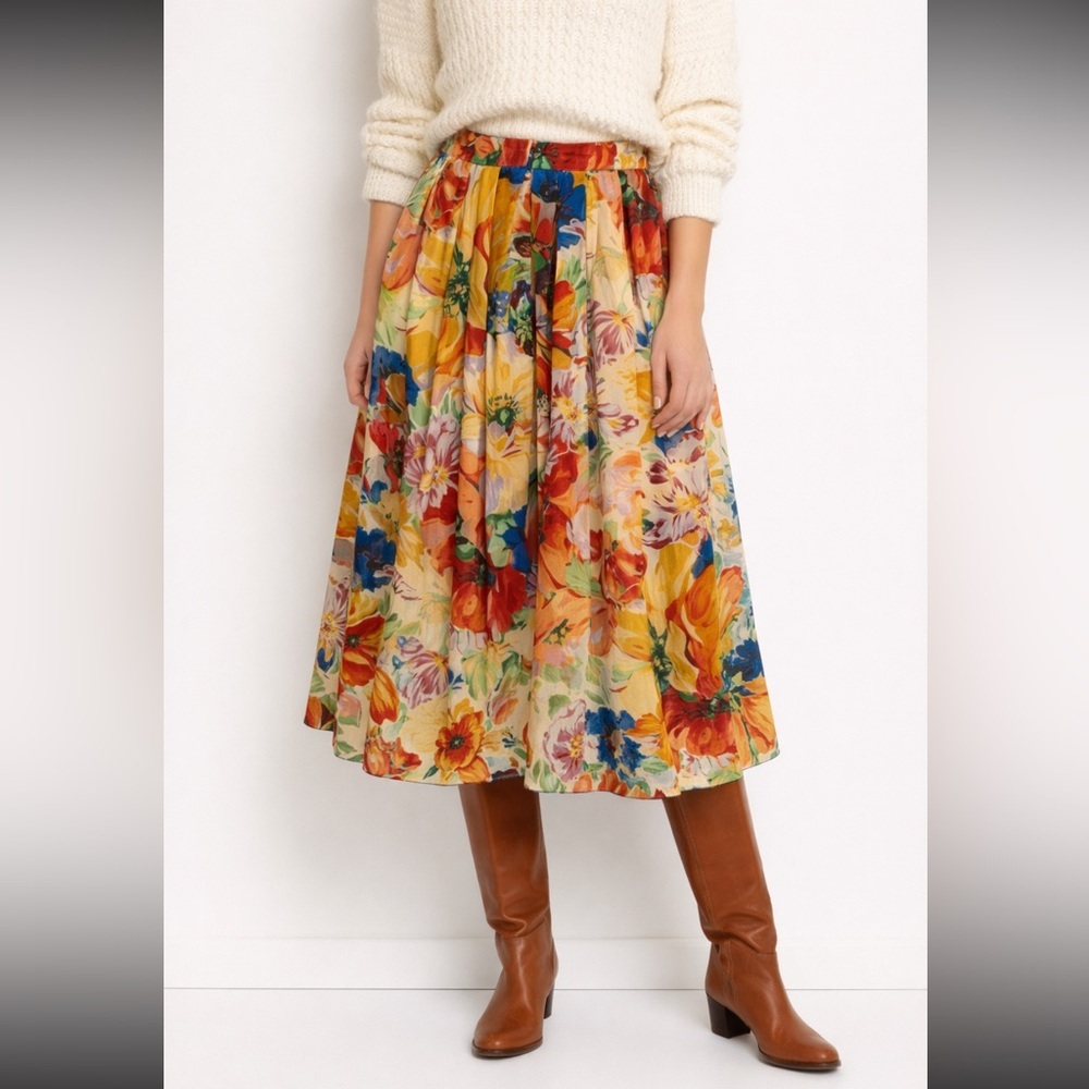 Vintage GEIGER Austrian Fine New Wool Colorful floral Pleated Skirt - Picture 1 of 11